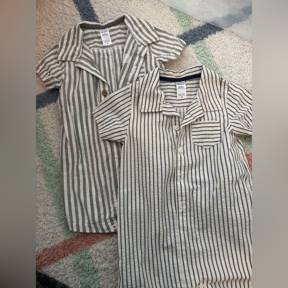 Set of 2 Striped Short-Sleeve Rompers - Navy & Olive Options